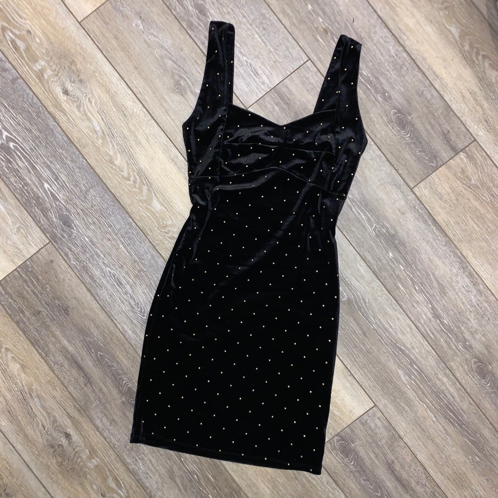 black/gold poke-a-dot velvet dress